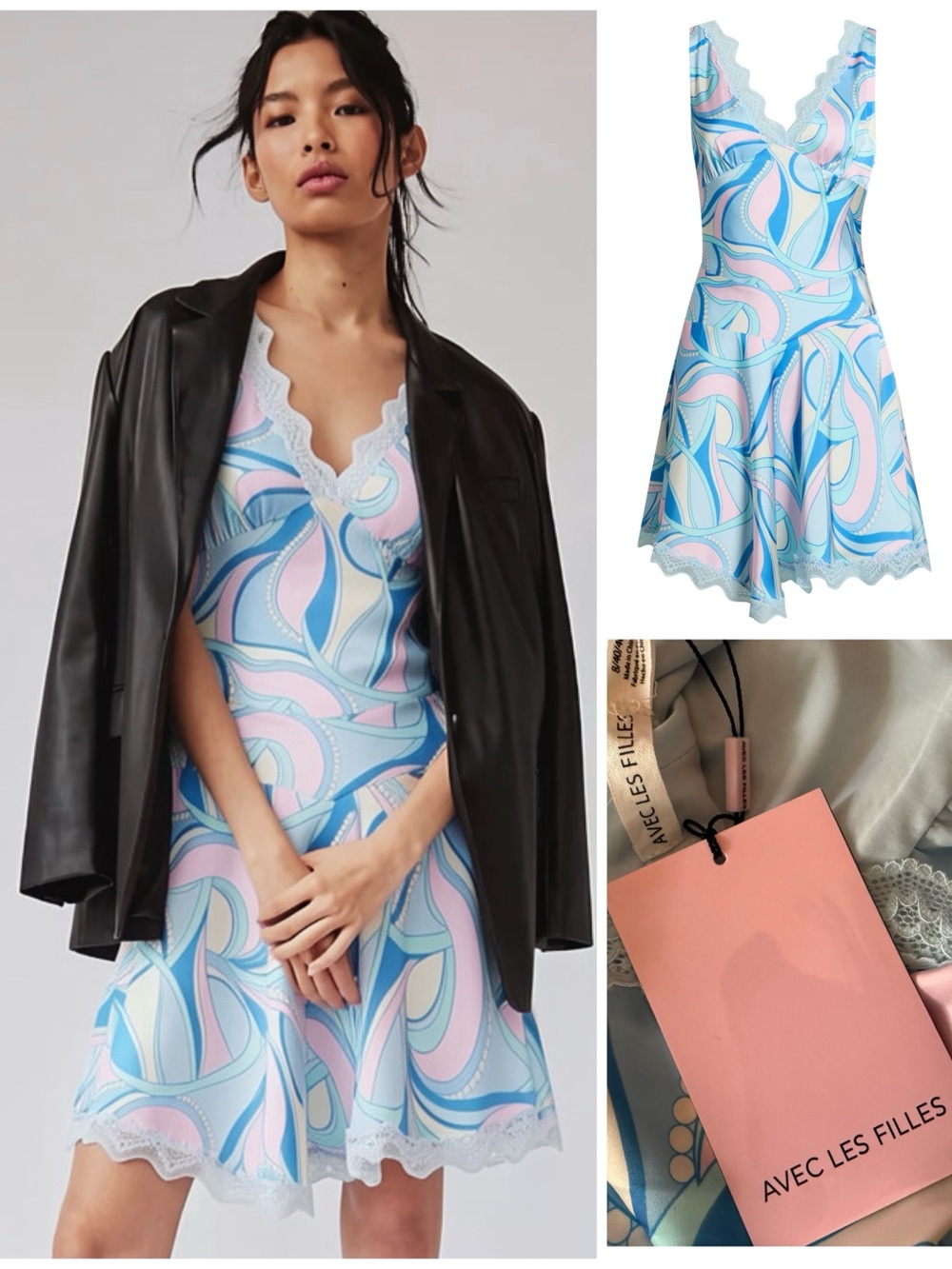 Avec Les Filles Asymmetric Mini Dress Lace Satin Paisley Sleeveless Y2K Pucci